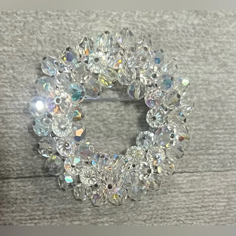 Vintage Clear Round Aura Borealis Crystal Silver Brooch